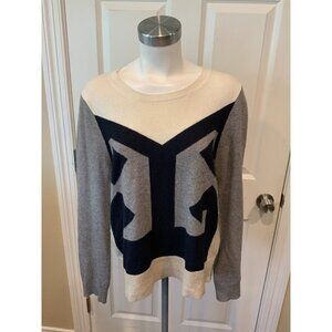 J.Crew Cream, Navy Blue & Gray Wool Blend Geometric Crew Neck Sweater, Size L